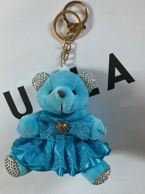 Blue Plush Teddy Bear Keychain with Rhinestone Accents